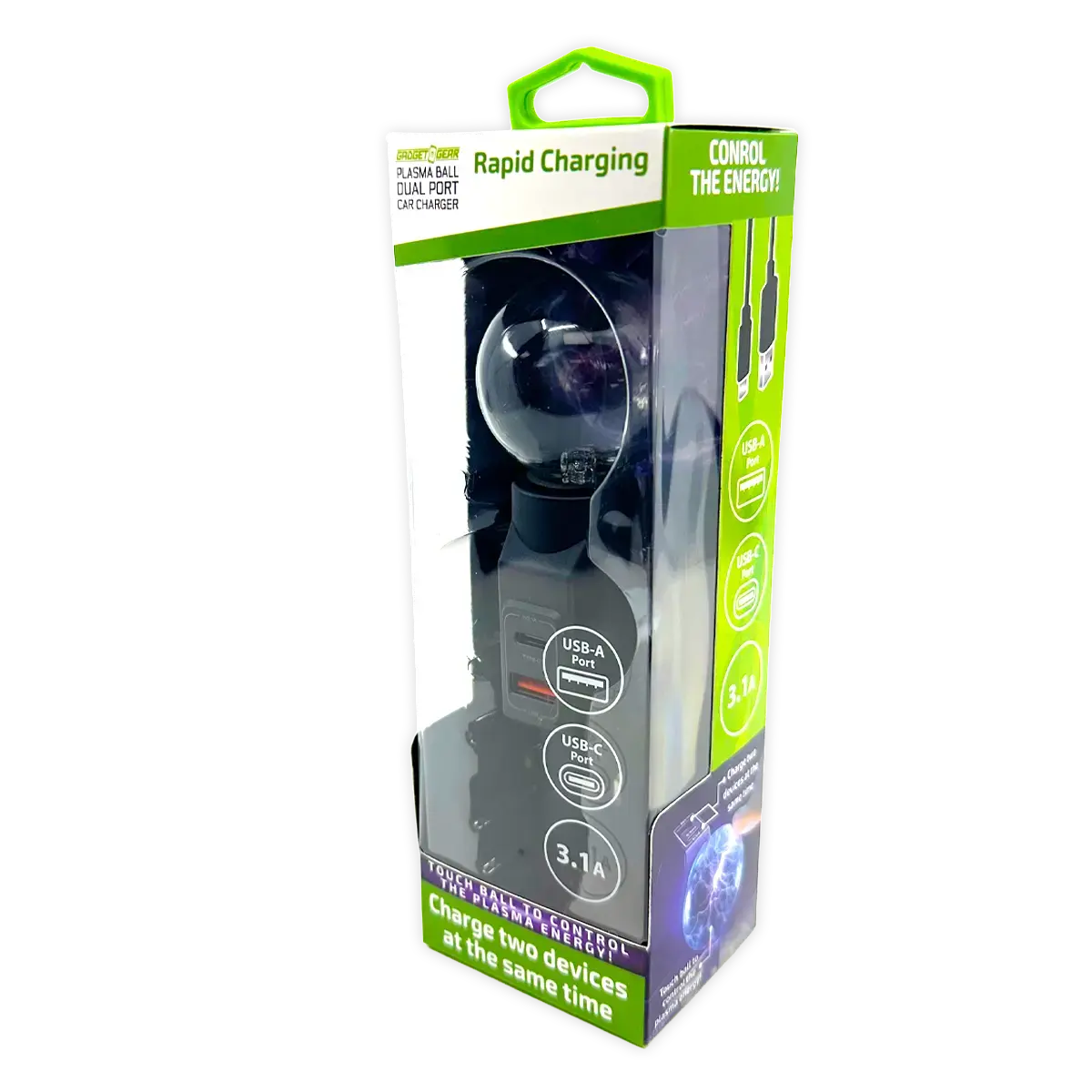 Car Charger Dual Port USB-A/USB-C 3.1-Amp Plasma Ball - 3 Pieces Per Pack 41786 GADGET GEAR