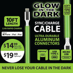 Charging Cable Glow in The Dark Assortment 10FT 2.4 Amp - 6 Pieces Per Retail Ready Display 88295 WHOLESALE