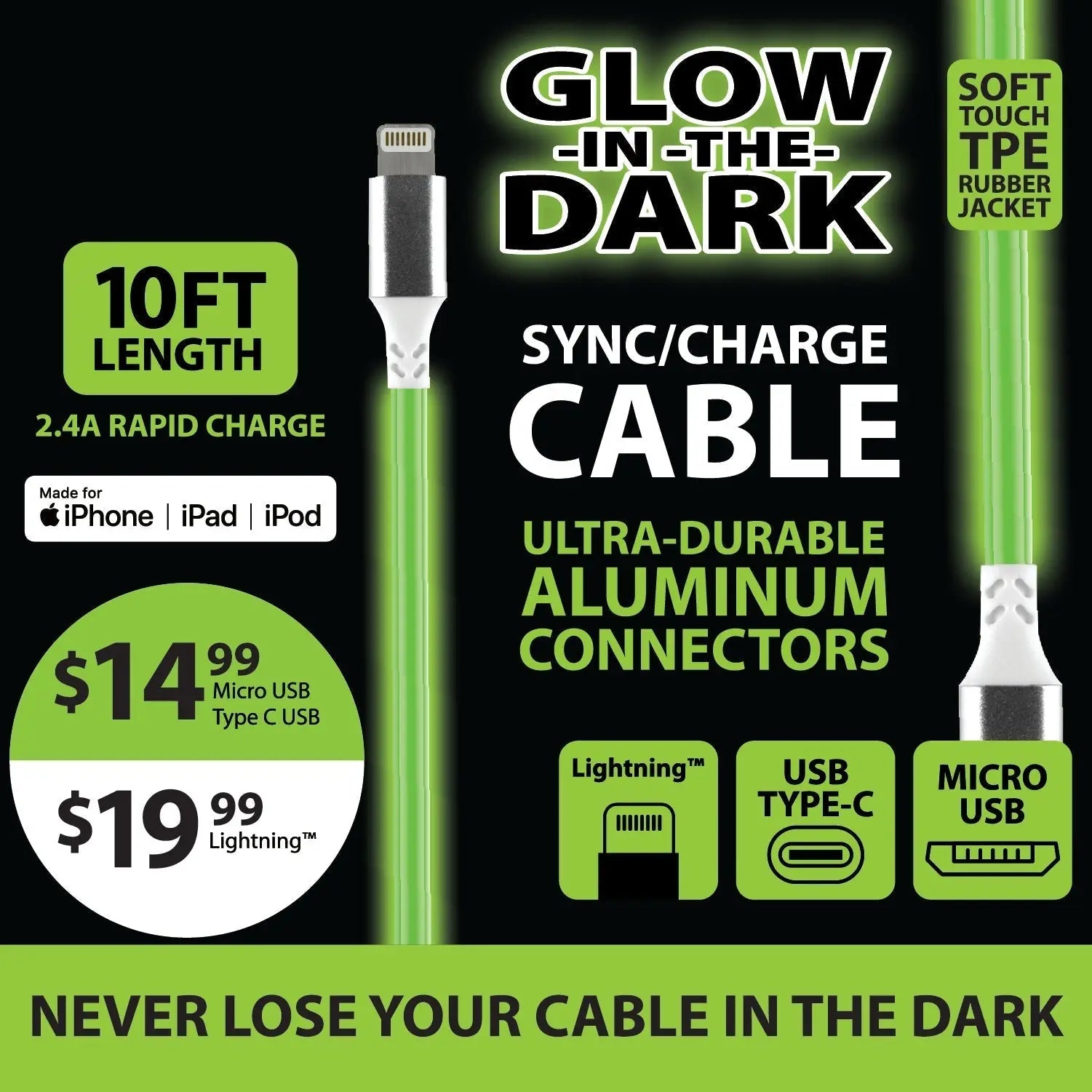 Charging Cable Glow in The Dark Assortment 10FT 2.4 Amp - 6 Pieces Per Retail Ready Display 88295 WHOLESALE