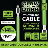 Charging Cable Glow in The Dark Assortment 10FT 2.4 Amp - 6 Pieces Per Retail Ready Display 88295 WHOLESALE