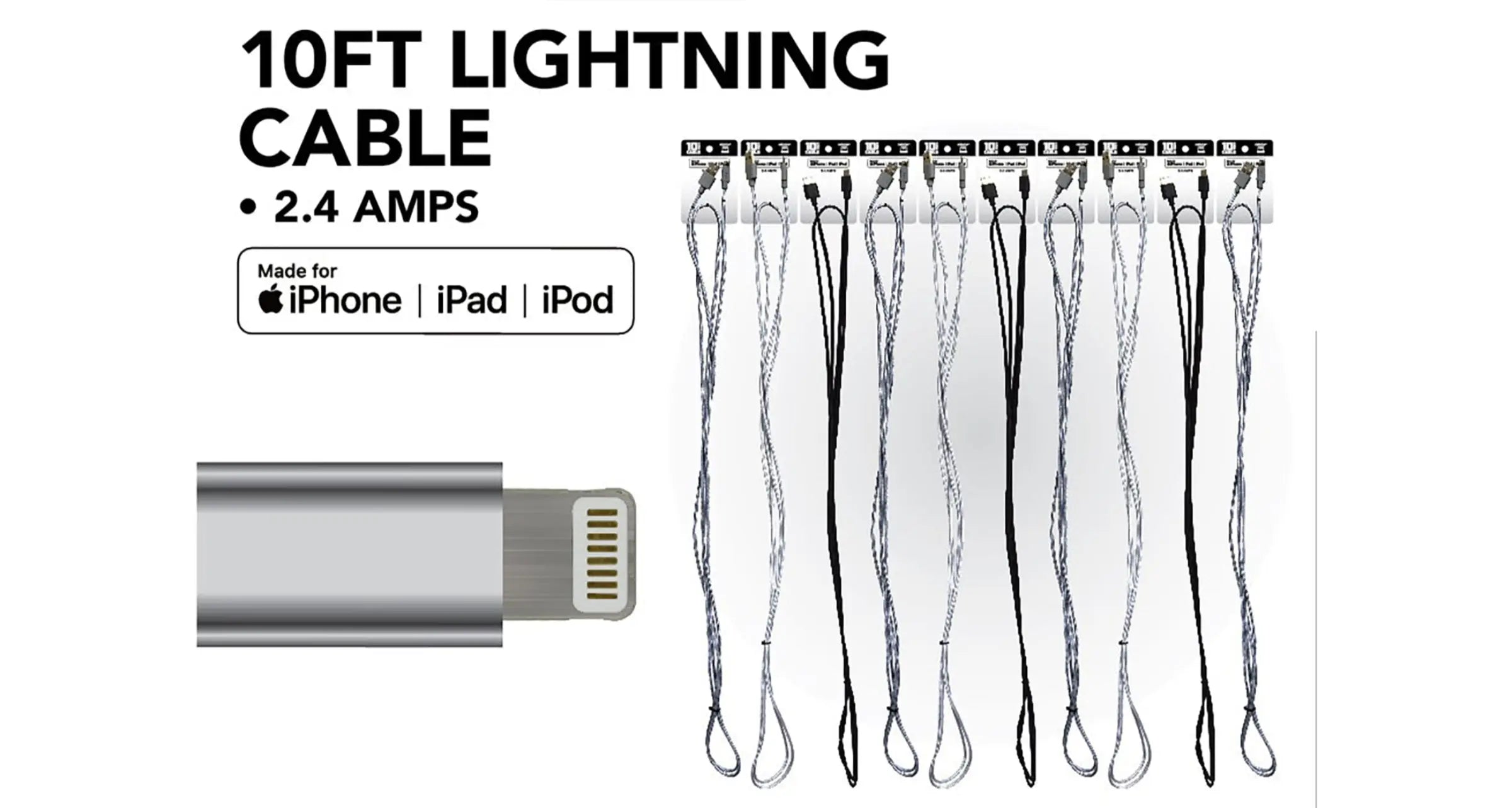 10FT MFi Charging Cable - Store Surplus No Display - 8 Pieces Per Pack 24005L STORE SURPLUS