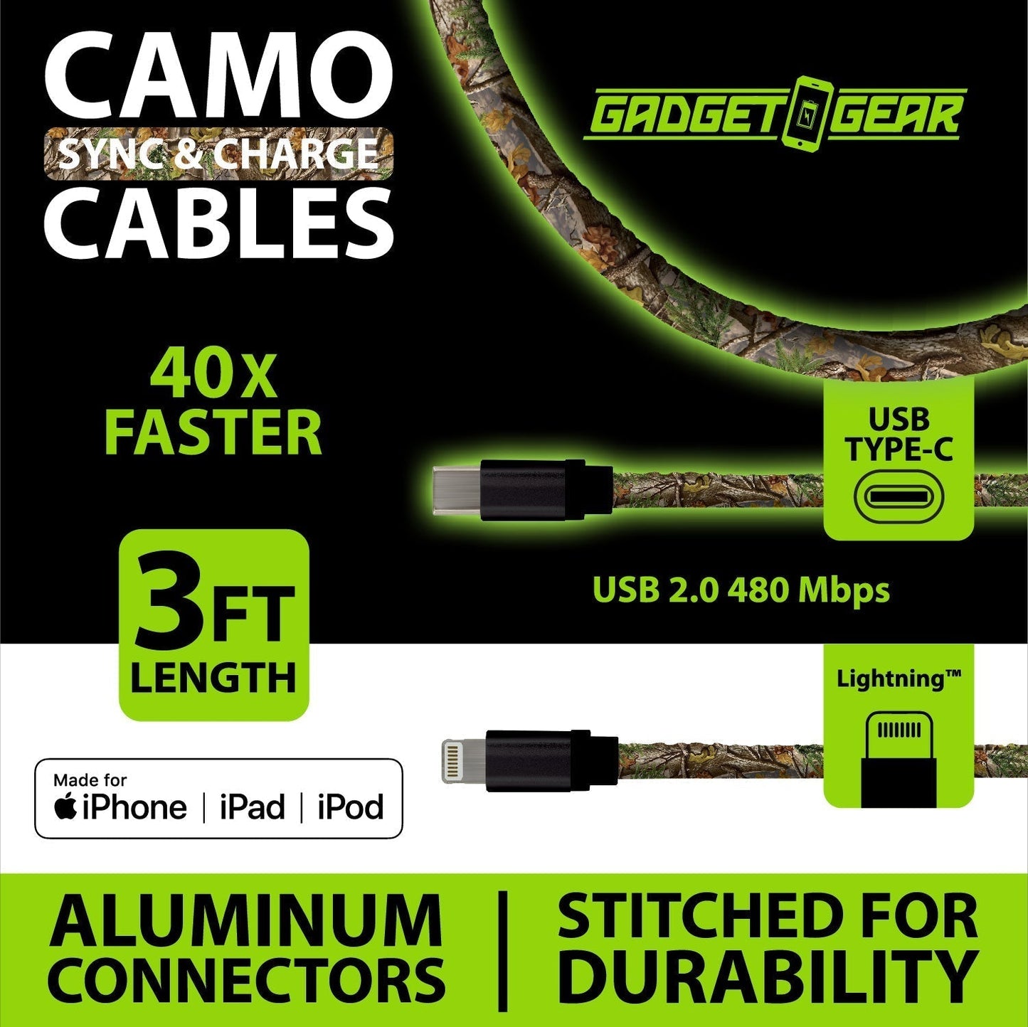 Charging Cable Camo Assortment 3FT - 12 Pieces Per Retail Ready Display 25112