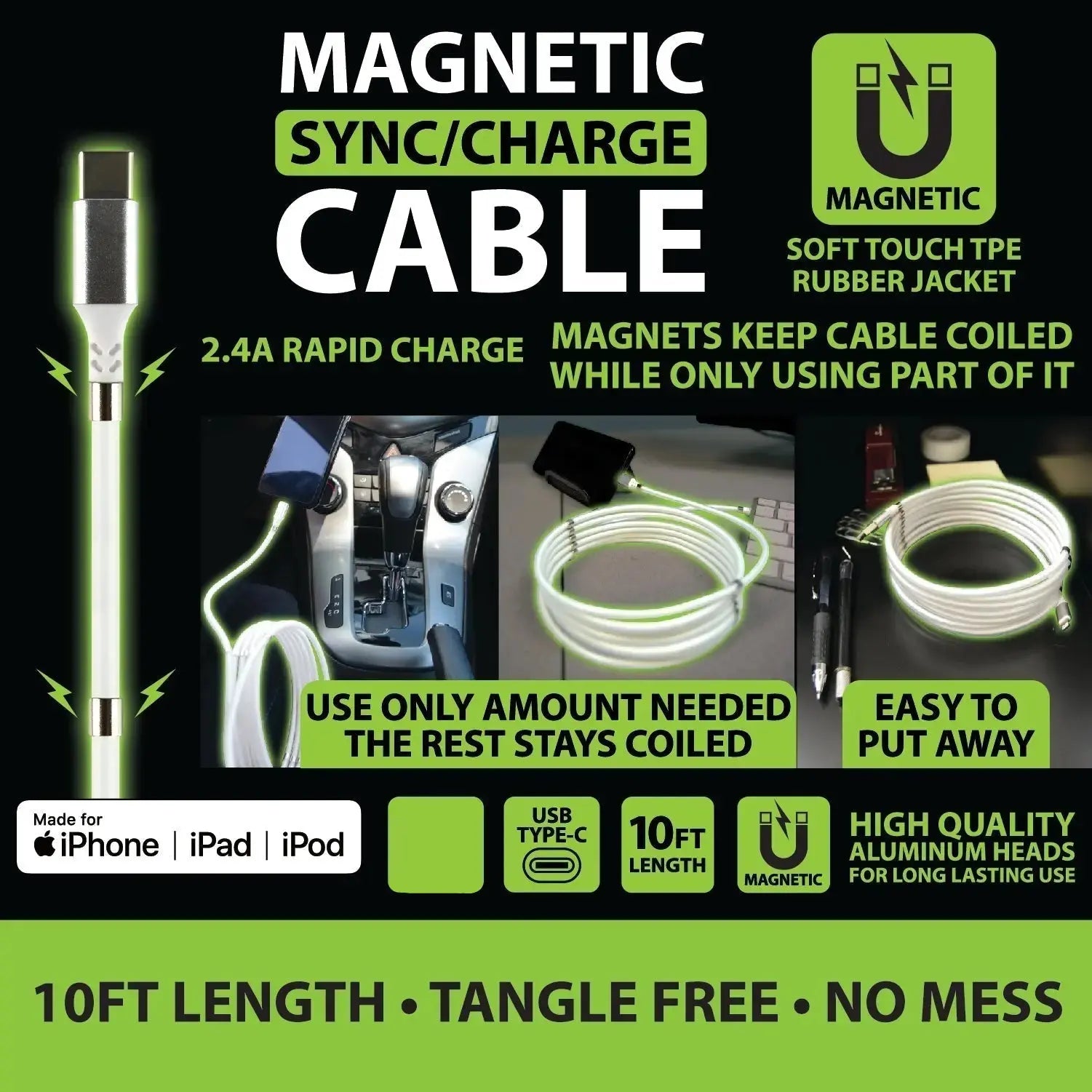 ITEM NUMBER 022743L 10FT MAGNETIC CABLE USB-C  - STORE SURPLUS NO DISPLAY 2 PIECES PER PACK STORE SURPLUS