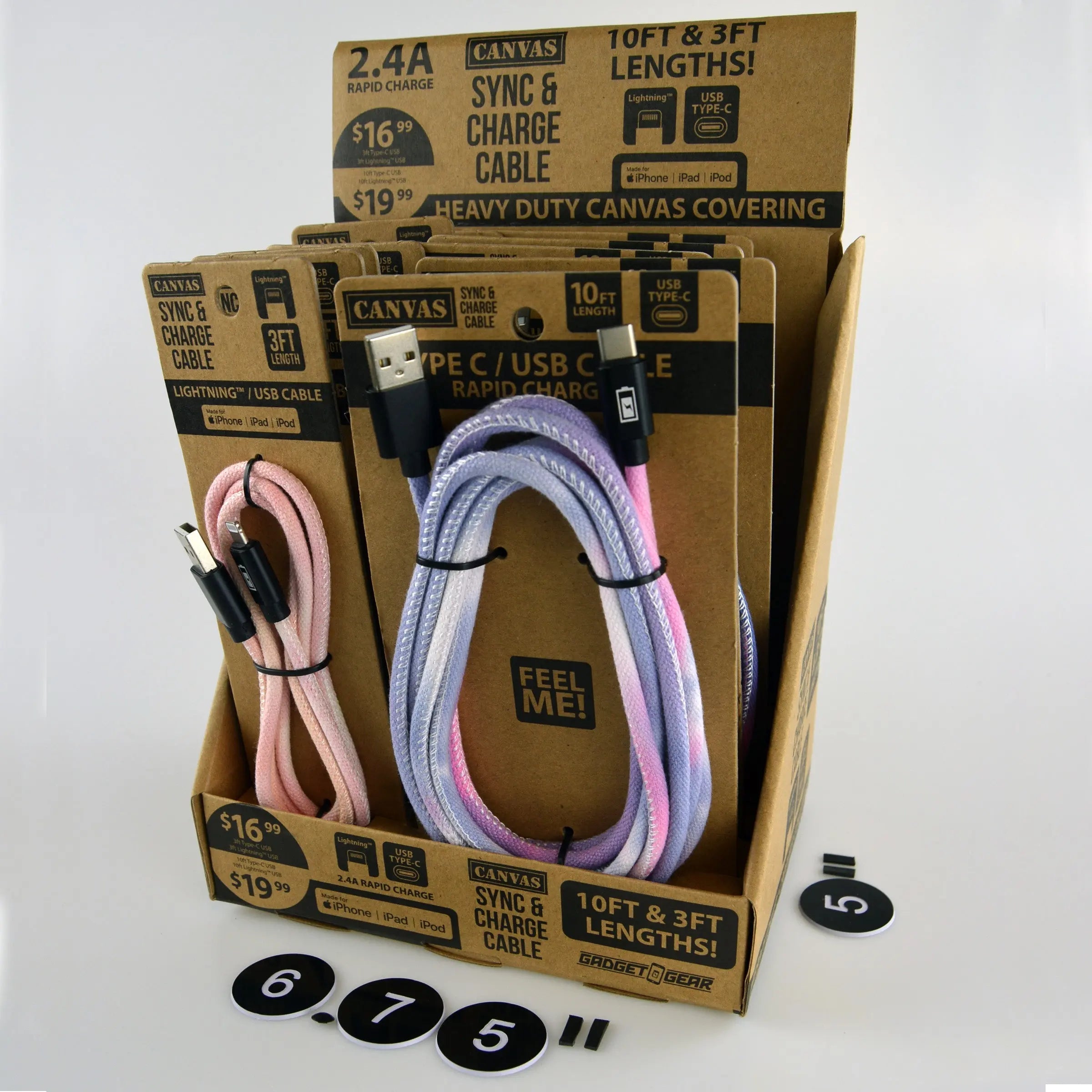 Tie Dye Canvas Charging Cable Assortment - 12 Pieces Per Retail Ready Display 88353 WHOLESALE