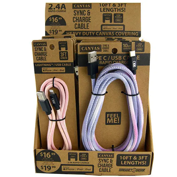 Tie Dye Canvas Charging Cable Assortment - 12 Pieces Per Retail Ready Display 88353 WHOLESALE
