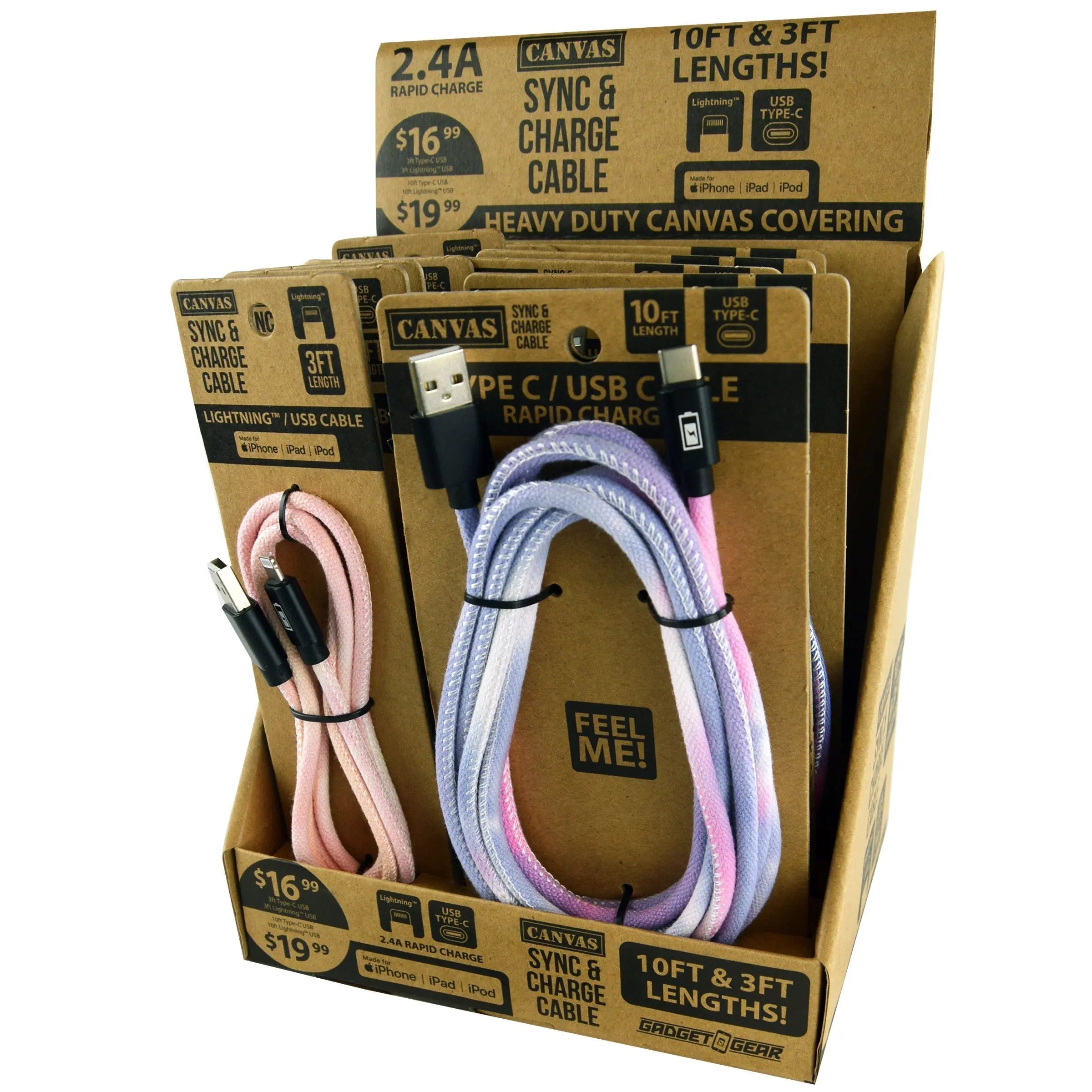 Tie Dye Canvas Charging Cable Assortment - 12 Pieces Per Retail Ready Display 88353 WHOLESALE