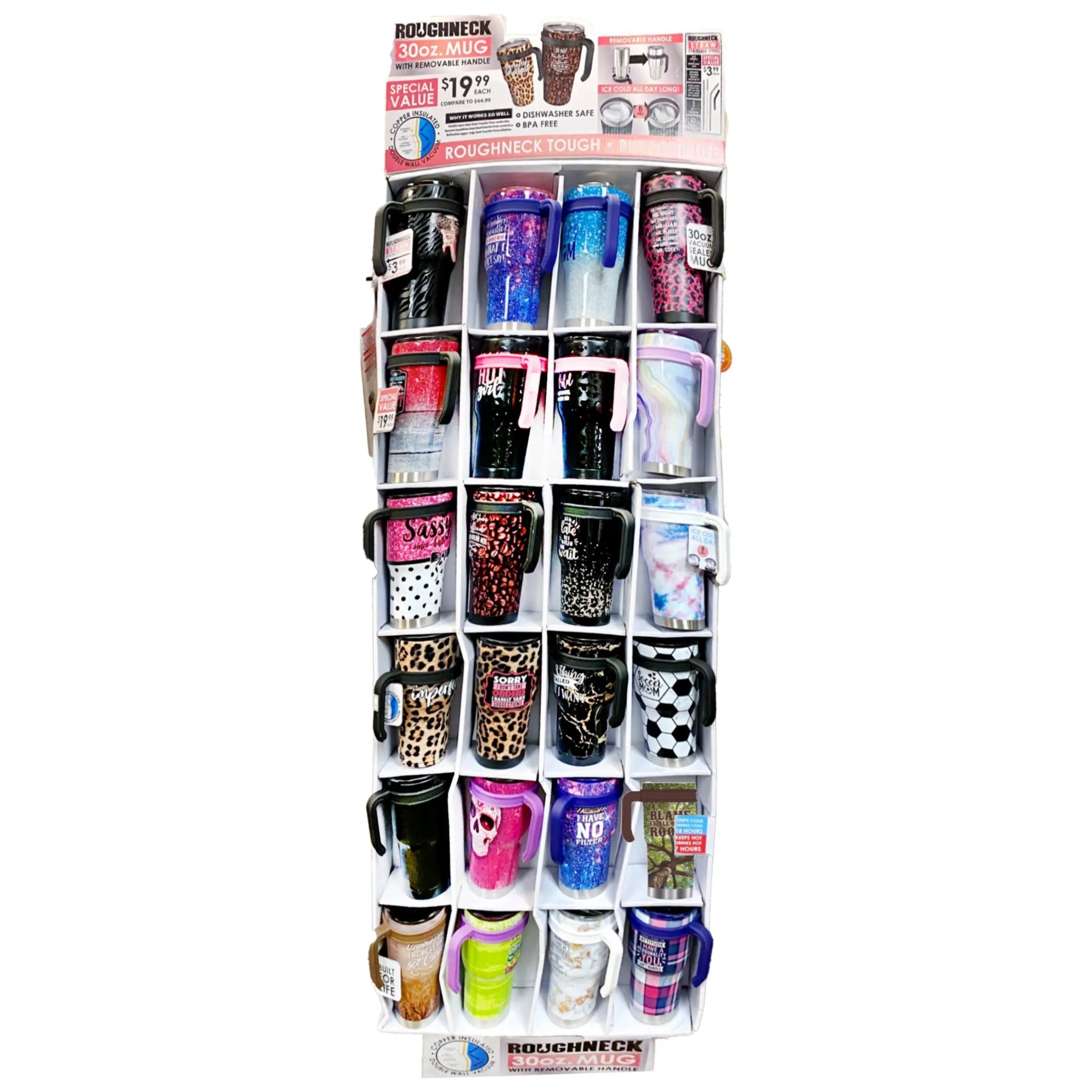 30 oz Insulated Stainless-Steel Cup with Handle Assortment Floor Display - 36 Pieces Per Retail Ready Display 88360 WHOLESALE
