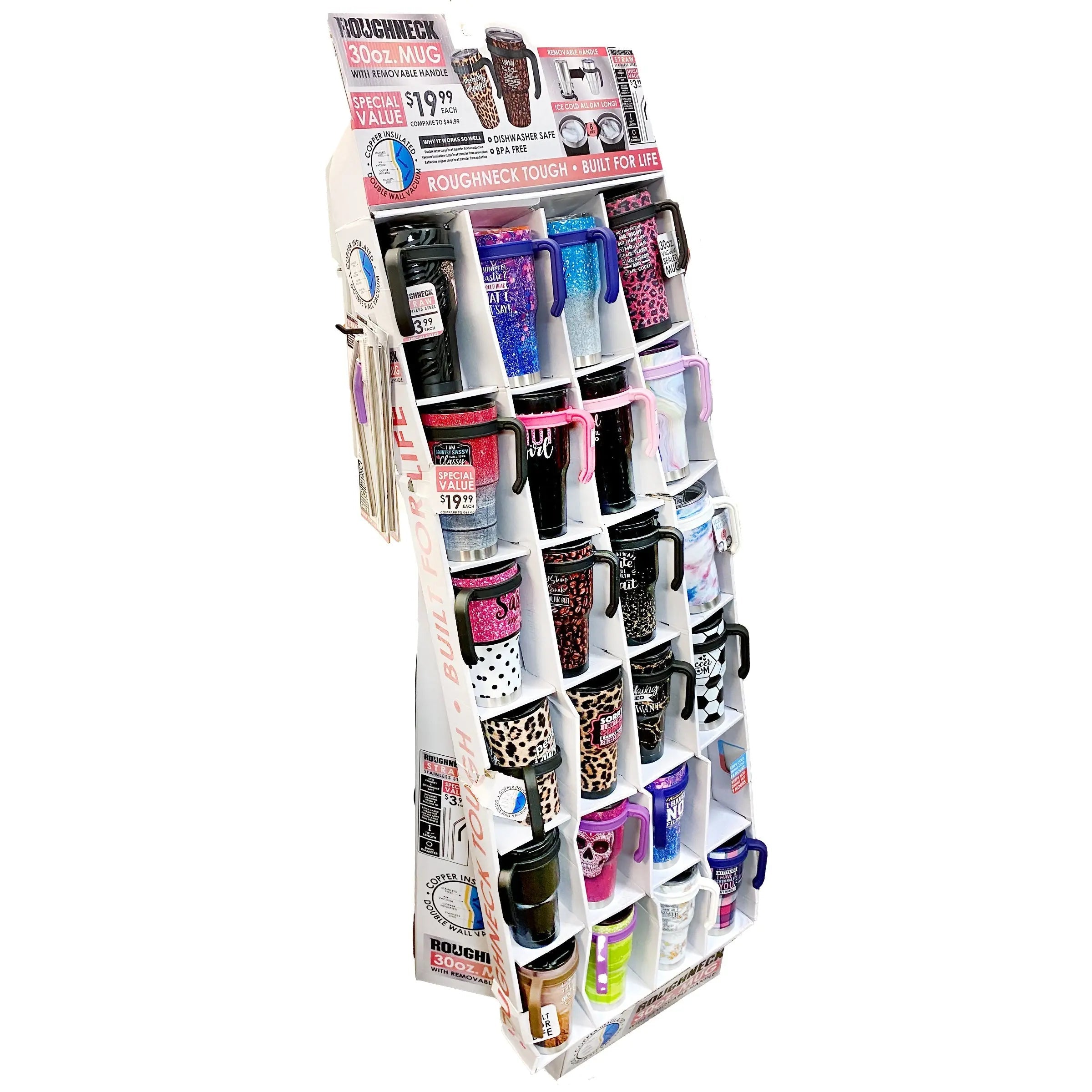 30 oz Insulated Stainless-Steel Cup with Handle Assortment Floor Display - 36 Pieces Per Retail Ready Display 88360 WHOLESALE