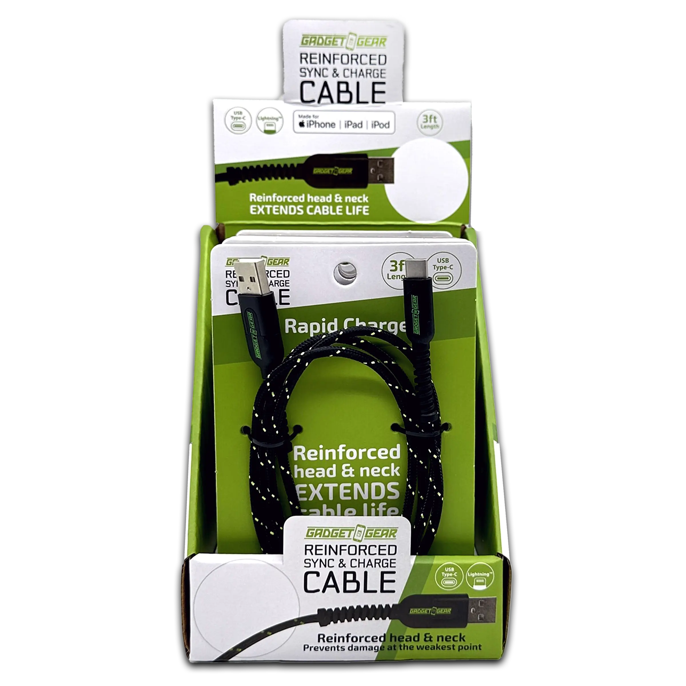 Charging Cable Reinforced Assortment 3FT 2.4 Amp - 6 Pieces Per Retail Ready Display 88476 WHOLESALE