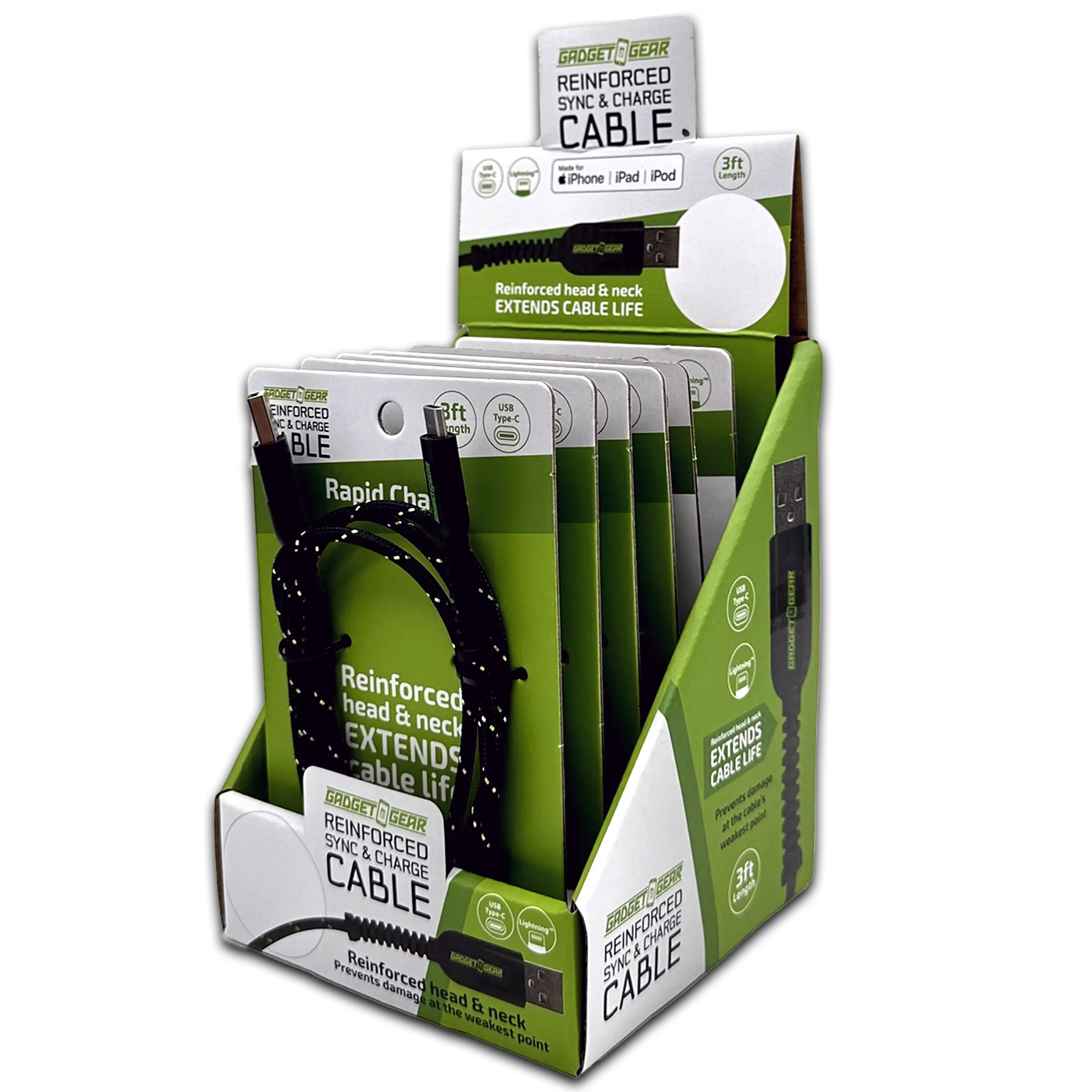 Charging Cable Reinforced Assortment 3FT 2.4 Amp - 6 Pieces Per Retail Ready Display 88476 WHOLESALE