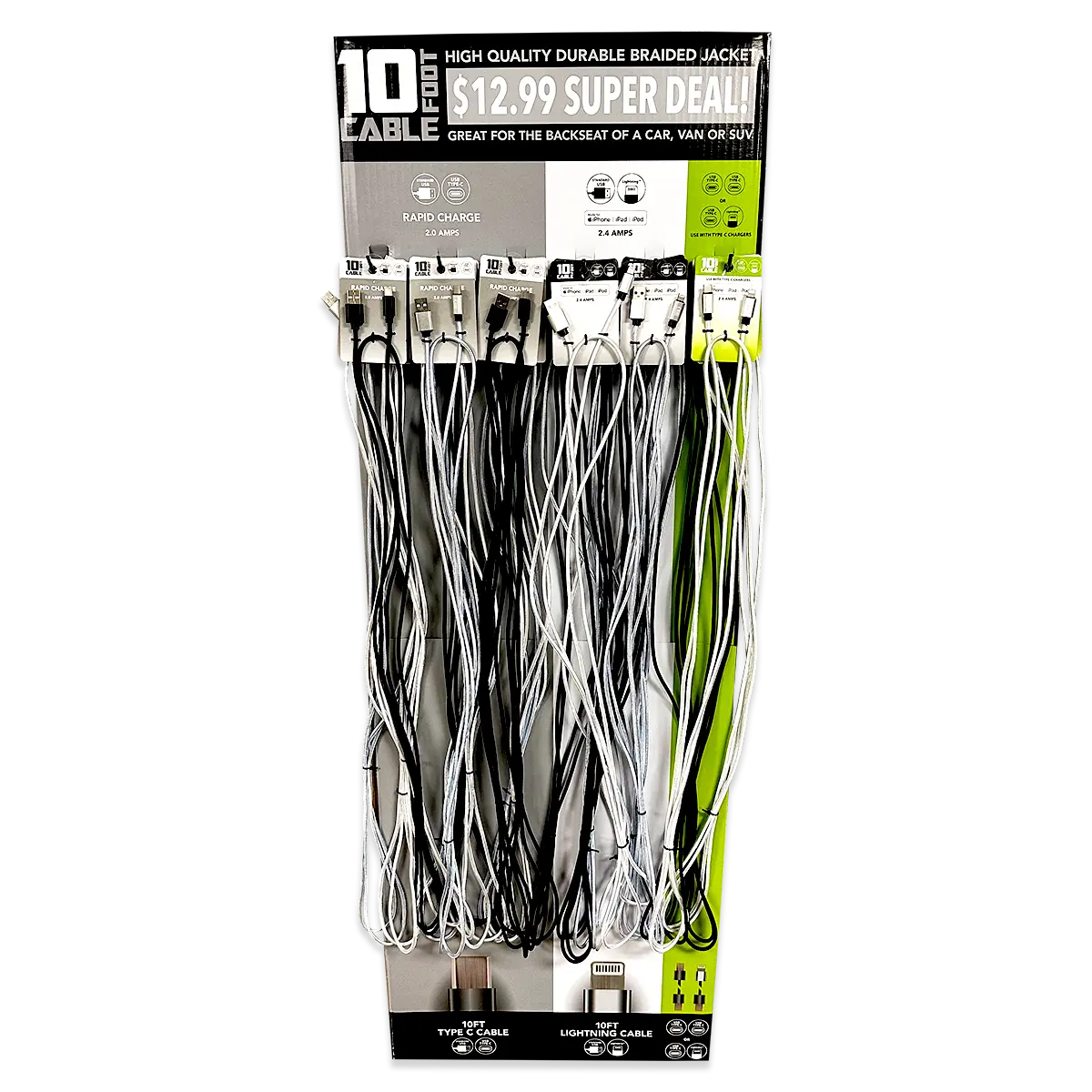 10FT Braided Sync and Charge Cable Assortment Floor Display - 24 Pieces Per Retail Ready Display 88480 GADGET GEAR