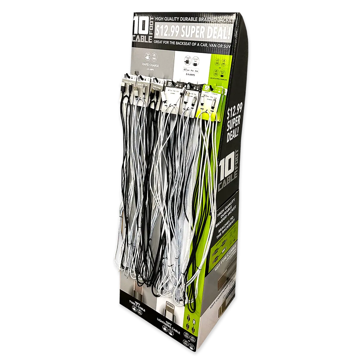 10FT Braided Sync and Charge Cable Assortment Floor Display - 24 Pieces Per Retail Ready Display 88480 GADGET GEAR