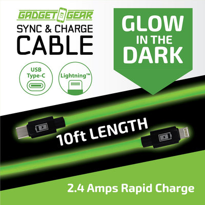 Charging Cable Glow In The Dark Assortment 10FT - Store Surplus No Display - 6 Pieces Per Pack 25113L