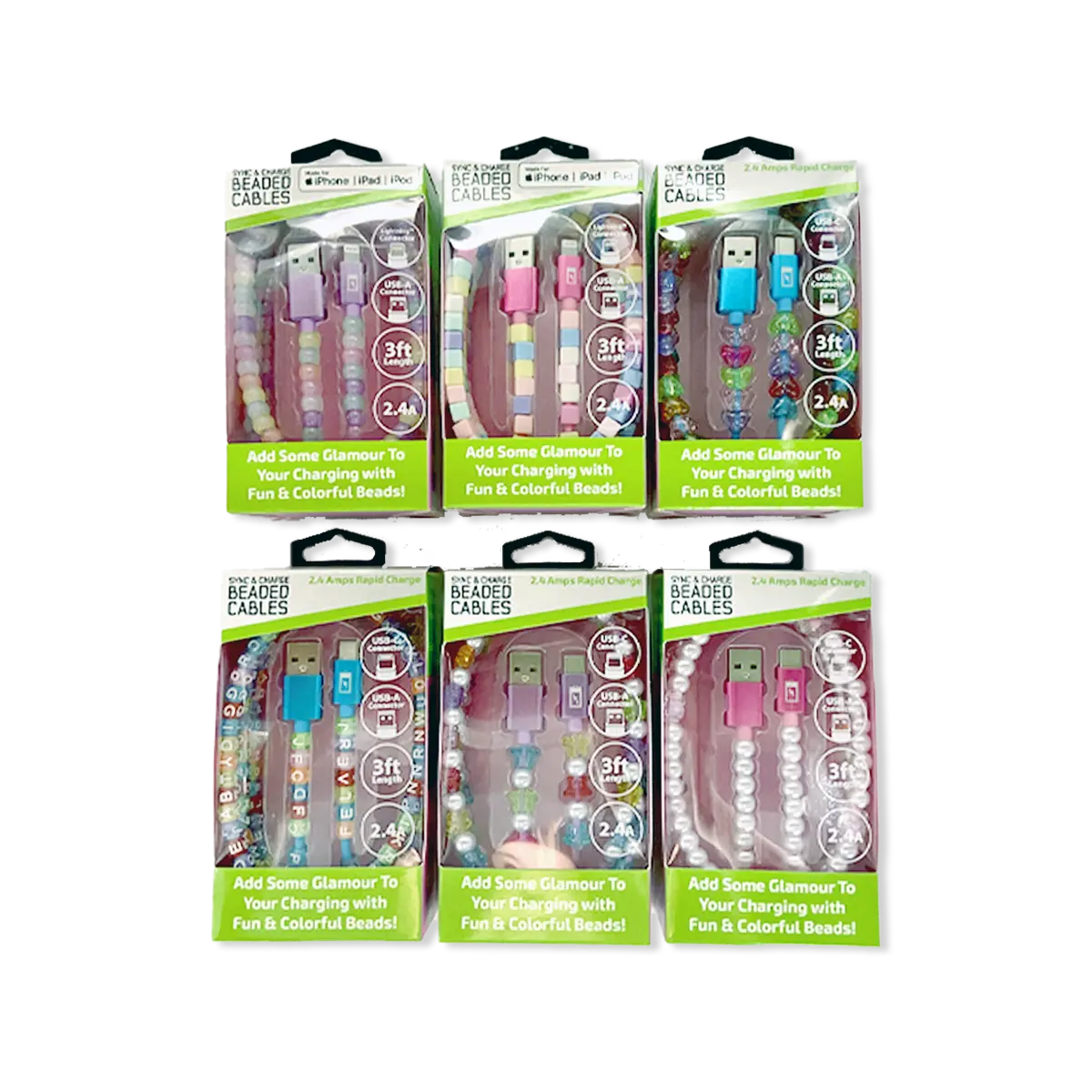 Beaded Charging Cable Assortment 3FT - 6 Pieces Per Retail Ready Beaded Charging Cable Assortment 3FT - 6 Pieces Per Retail Ready