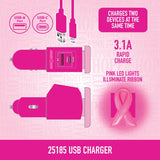 Dual Port USB-A / USB-C Charger Pink Ribbon B - Store Surplus No Display - 2 Pieces Per Pack 25185L