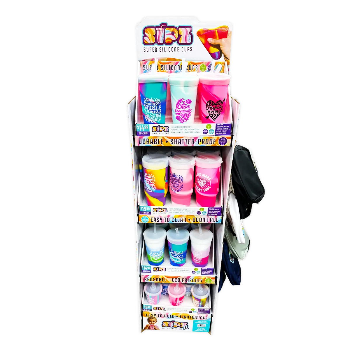 Silicone Cup Drinkware Assortment Floor Display - 32 Pieces Per Retail Ready Display 88608 WHOLESALE