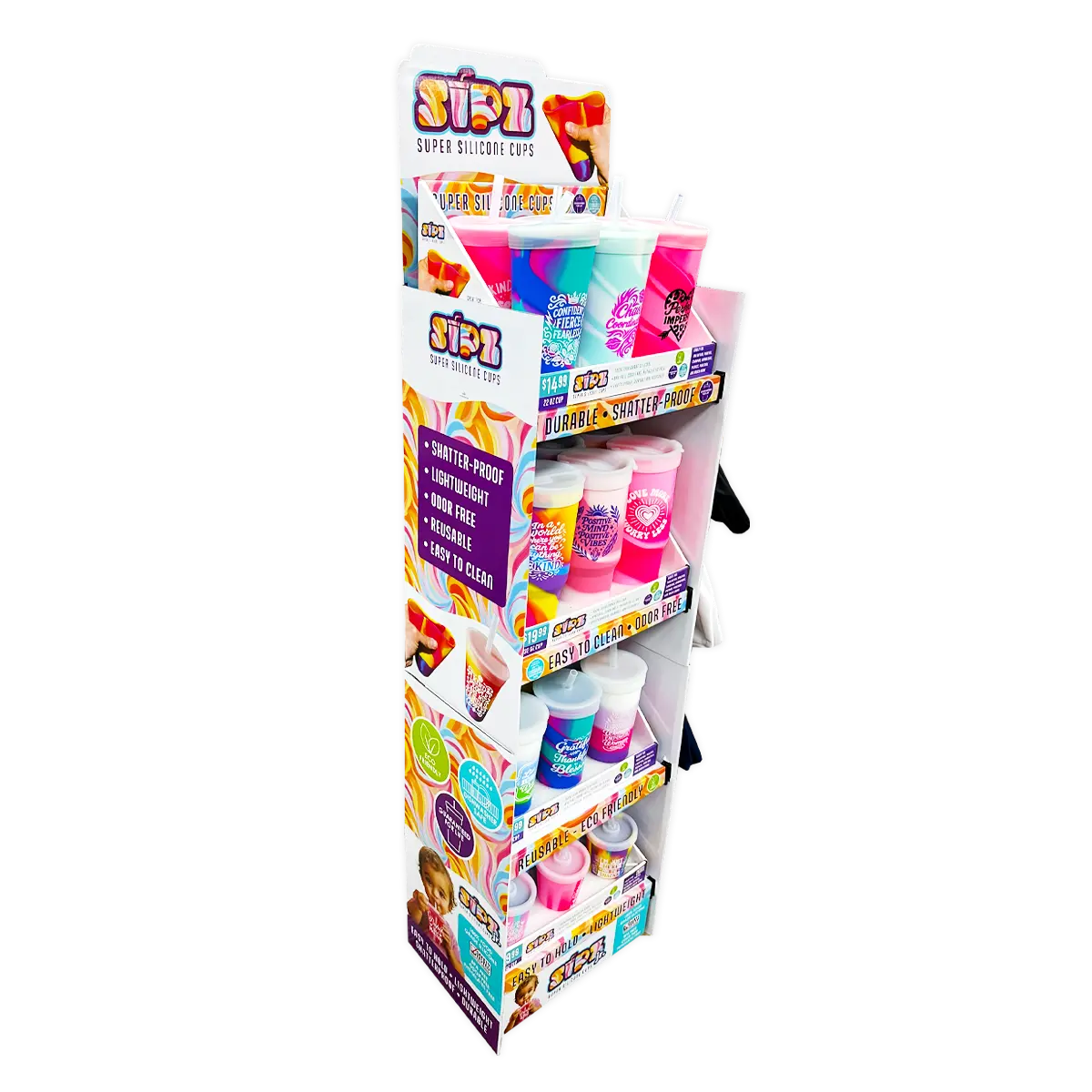 Silicone Cup Drinkware Assortment Floor Display - 32 Pieces Per Retail Ready Display 88608 WHOLESALE