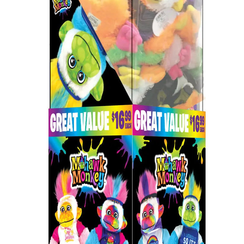 Plush Mohawk Monkey Assorted Floor Display - 24 Pieces Per Retail Ready Display 88437 WHOLESALE