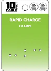 10FT C-to-C Charging Cable - Store Surplus No Display - 2 Pieces Per Pack 24011L STORE SURPLUS