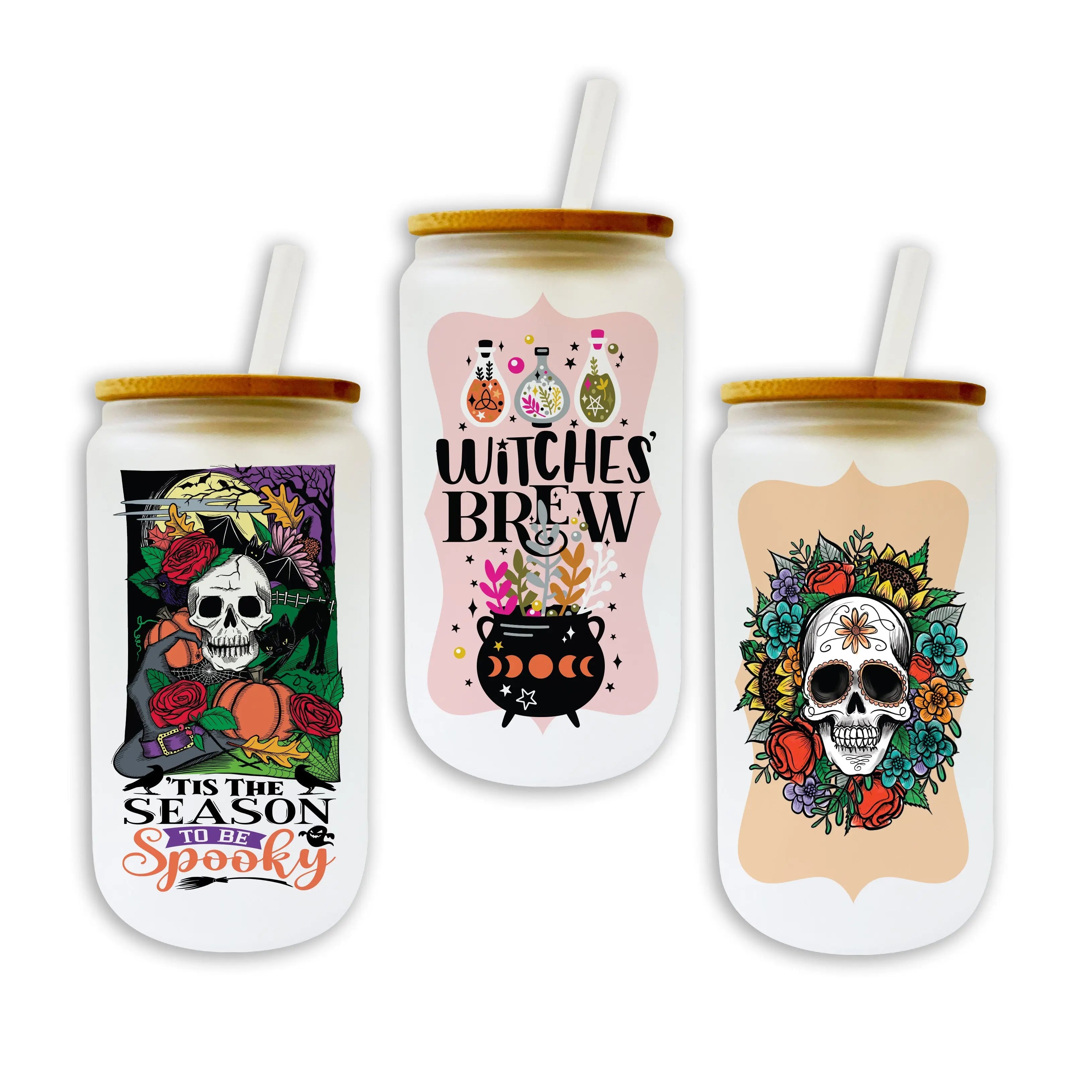 ITEM NUMBER 024797L HALLOWEEN 16 OZ GLASS CAN TUMBLER - STORE SURPLUS NO DISPLAY 6 PIECES PER PACK STORE SURPLUS
