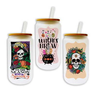 ITEM NUMBER 024797L HALLOWEEN 16 OZ GLASS CAN TUMBLER - STORE SURPLUS NO DISPLAY 6 PIECES PER PACK