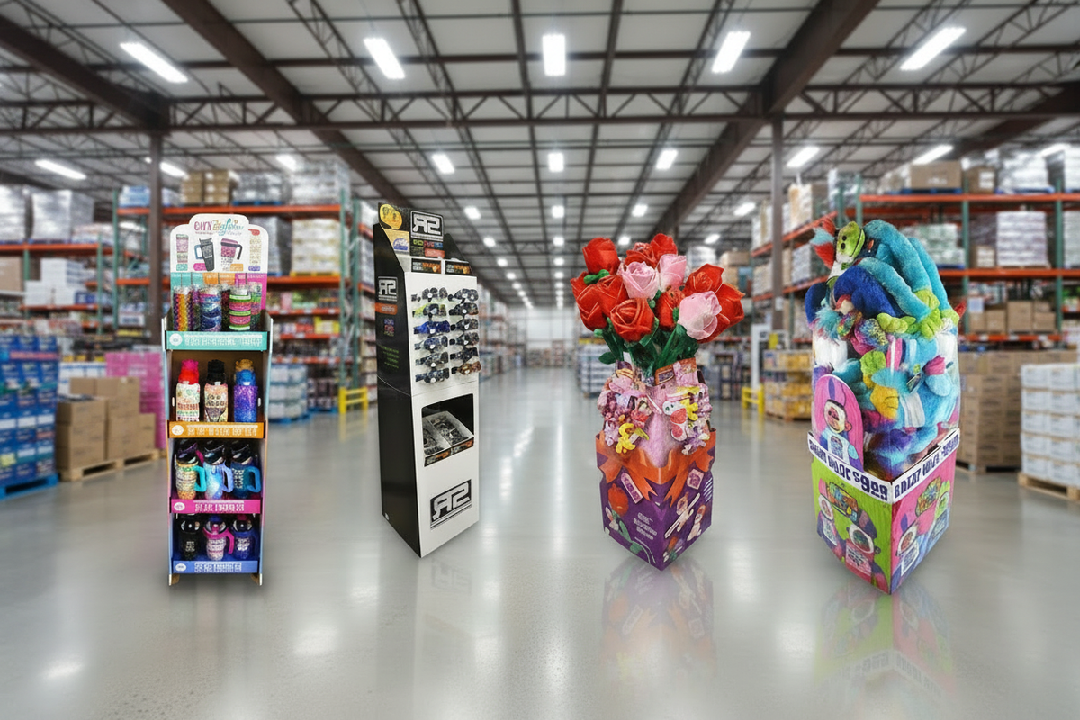 Floor displays in wholesale warehouse with subtle background