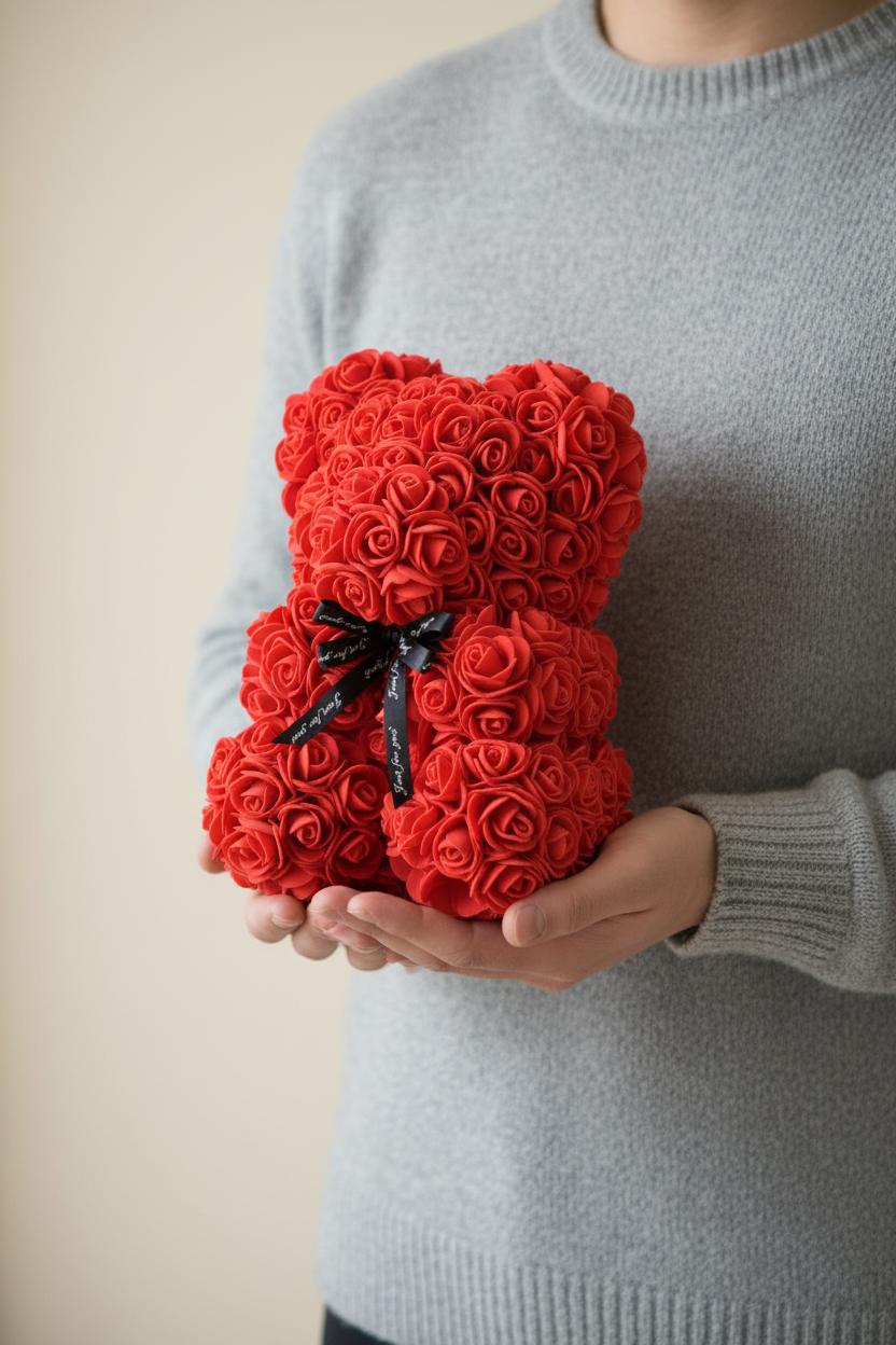 Flower bear held in arms showing size