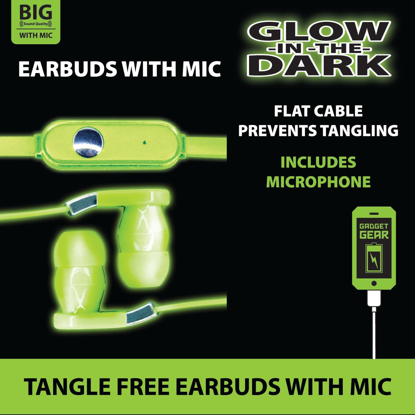 ITEM NUMBER 020614 GG GLOW IN THE DARK EARBUDS W/ MIC 3 PIECES PER PACK