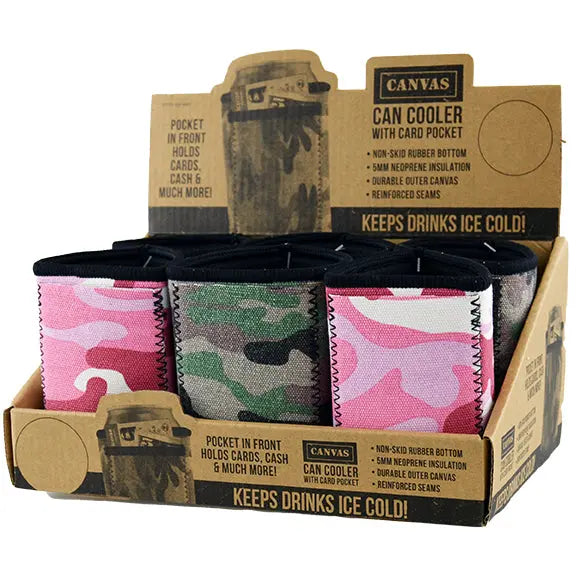 ITEM NUMBER 022124 CANVAS CAN COOLER POCKET 6 PIECES PER DISPLAY WHOLESALE