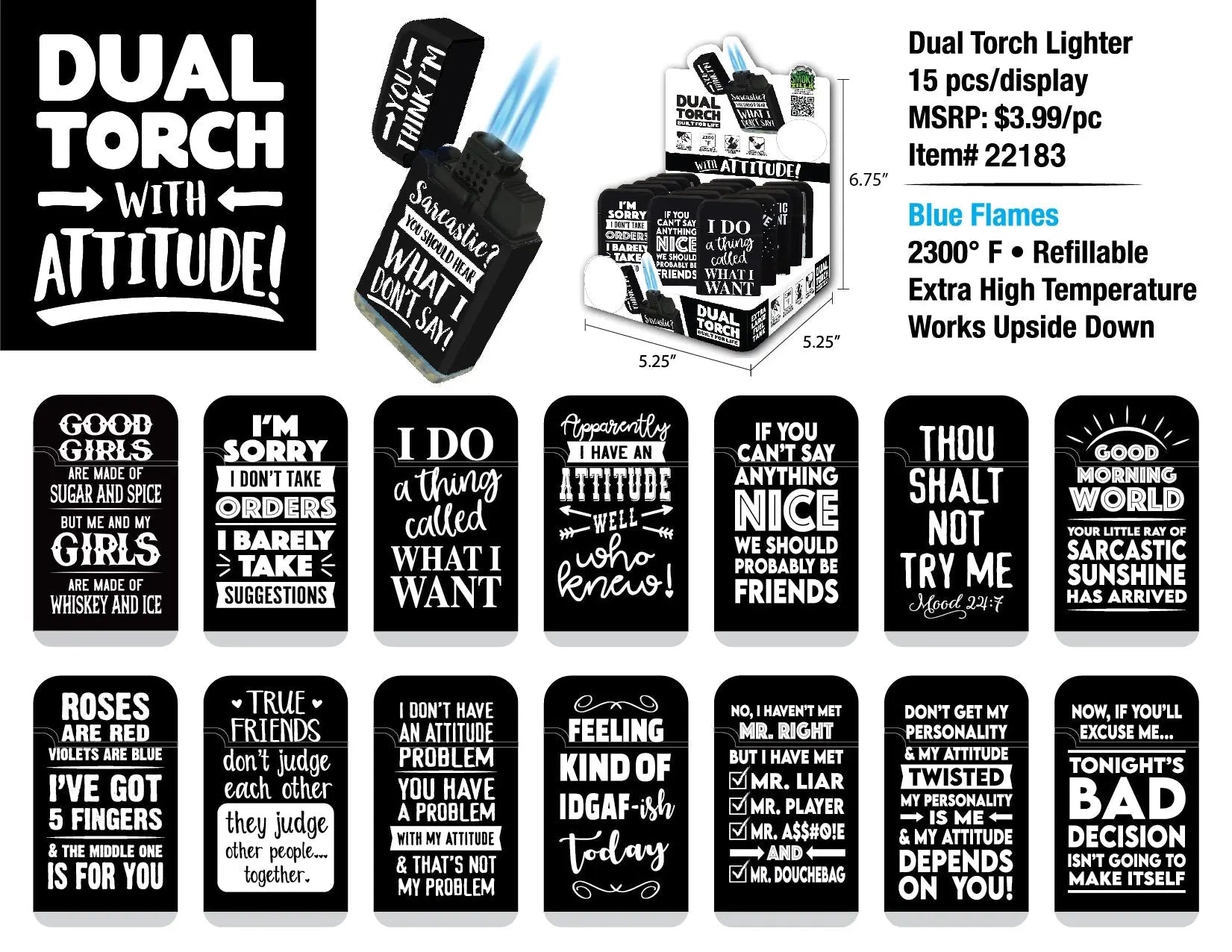 ITEM NUMBER 022183 ATTITUDE DUAL TORCH 15 PIECES PER DISPLAY WHOLESALE