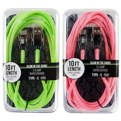 ITEM NUMBER 022290L 10FT PU GLOW IN DARK CABLE TYPE C - STORE SURPLUS NO DISPLAY 2 PIECES PER PACK