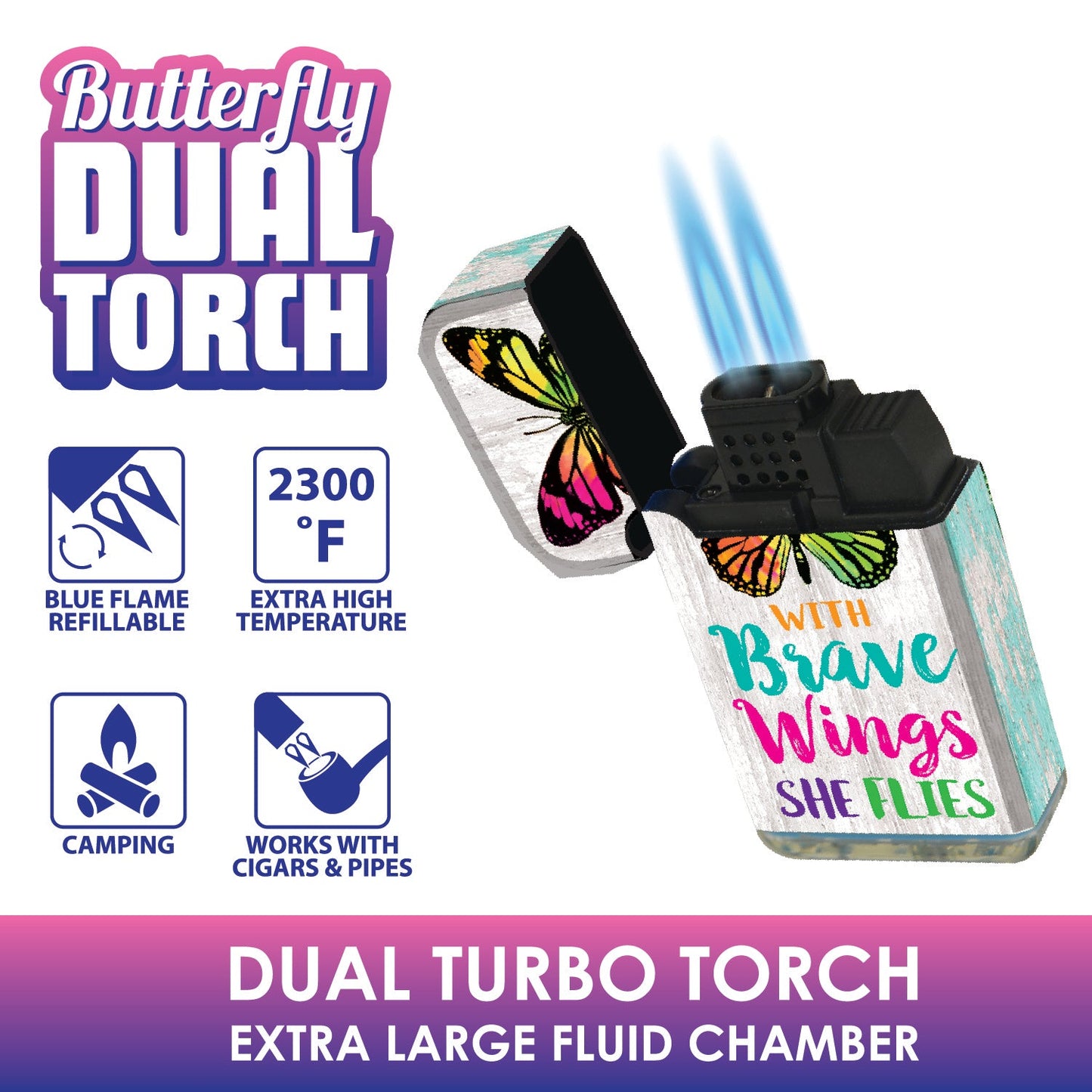 ITEM NUMBER 022336 BUTTERFLY DUAL TORCH 12 PIECES PER DISPLAY