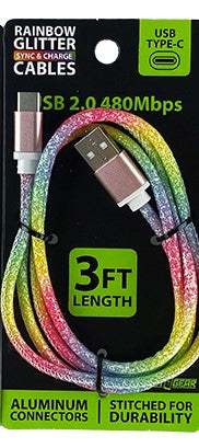 ITEM NUMBER 022407L RAINBOW GLITTER CABLE TYPE C  - STORE SURPLUS NO DISPLAY 5 PIECES PER PACK