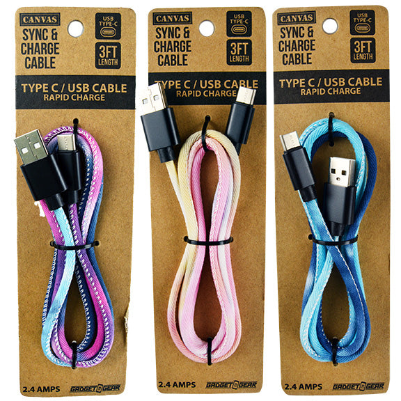 ITEM NUMBER 022728L TIE DYE CANVAS TYPE C CABLE 1M - STORE SURPLUS NO DISPLAY 3 PIECES PER PACK