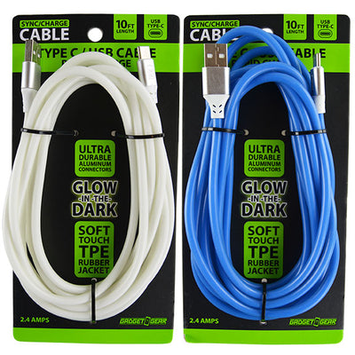 ITEM NUMBER 023001L 10FT GLOW IN DARK TPE TYPE C CABLE  - STORE SURPLUS NO DISPLAY 2 PIECES PER PACK