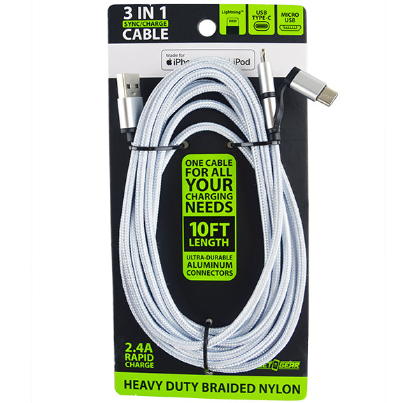 ITEM NUMBER 023006L 10FT 3 IN 1 CABLE - STORE SURPLUS NO DISPLAY 6 PIECES PER PACK