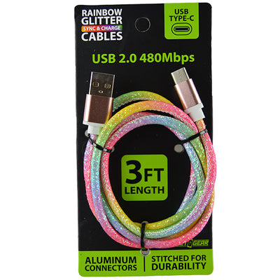 ITEM NUMBER 023609L RAINBOW GLITTER TYPE C CABLE - STORE SURPLUS NO DISPLAY 3 PIECES PER PACK