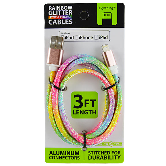 ITEM NUMBER 023610L RAINBOW GLITTER MFI CABLE - STORE SURPLUS NO DISPLAY 3 PIECES PER PACK