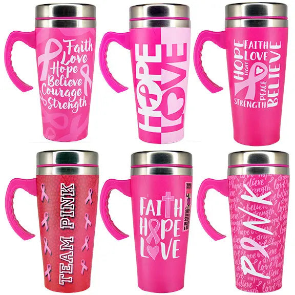 ITEM NUMBER 025465L PRINTED METAL COFFEE CUP PINK - STORE SURPLUS NO DISPLAY 6 PIECES PER PACK STORE SURPLUS