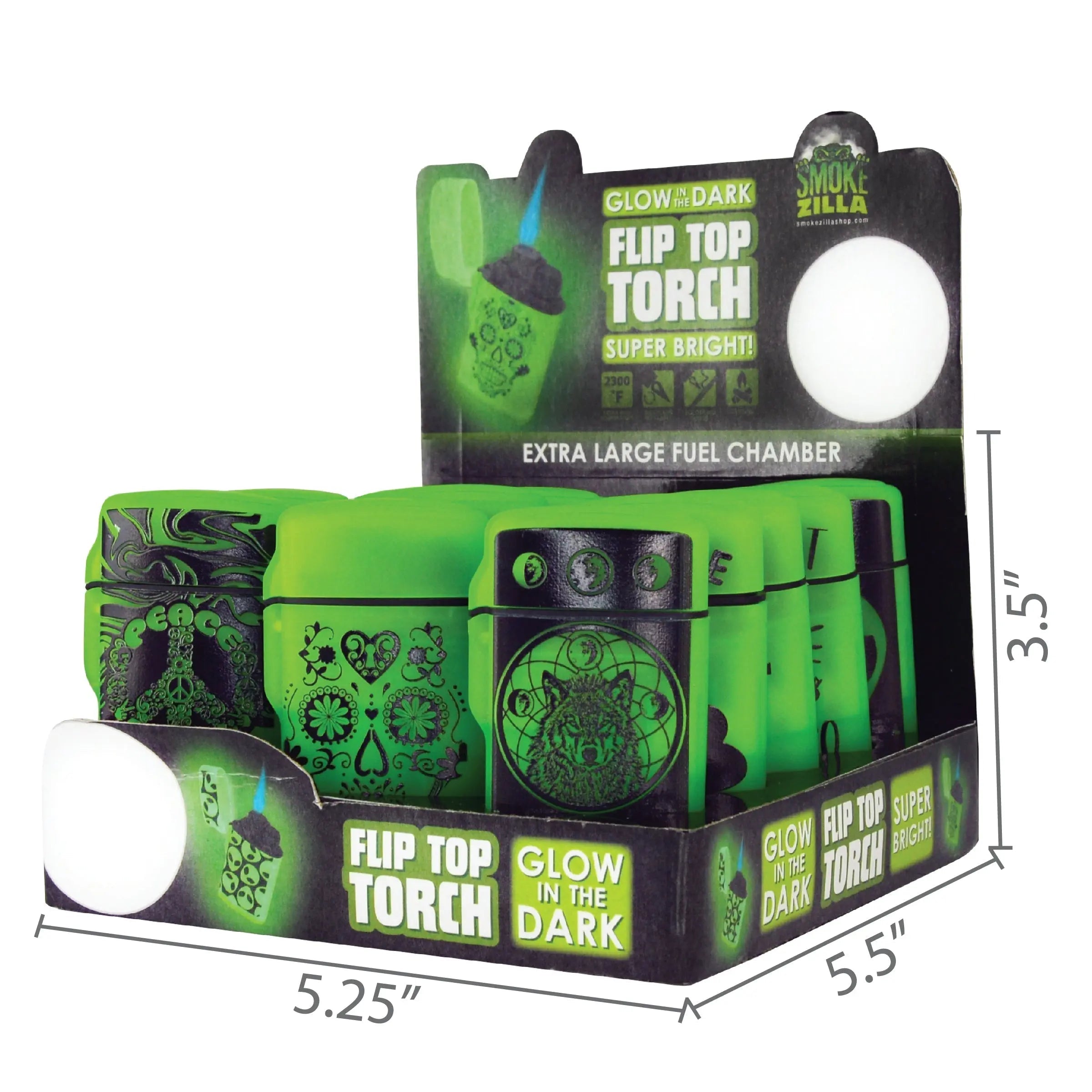 Glow-in-the-Dark Flip Top Torch Lighter Display Specs
