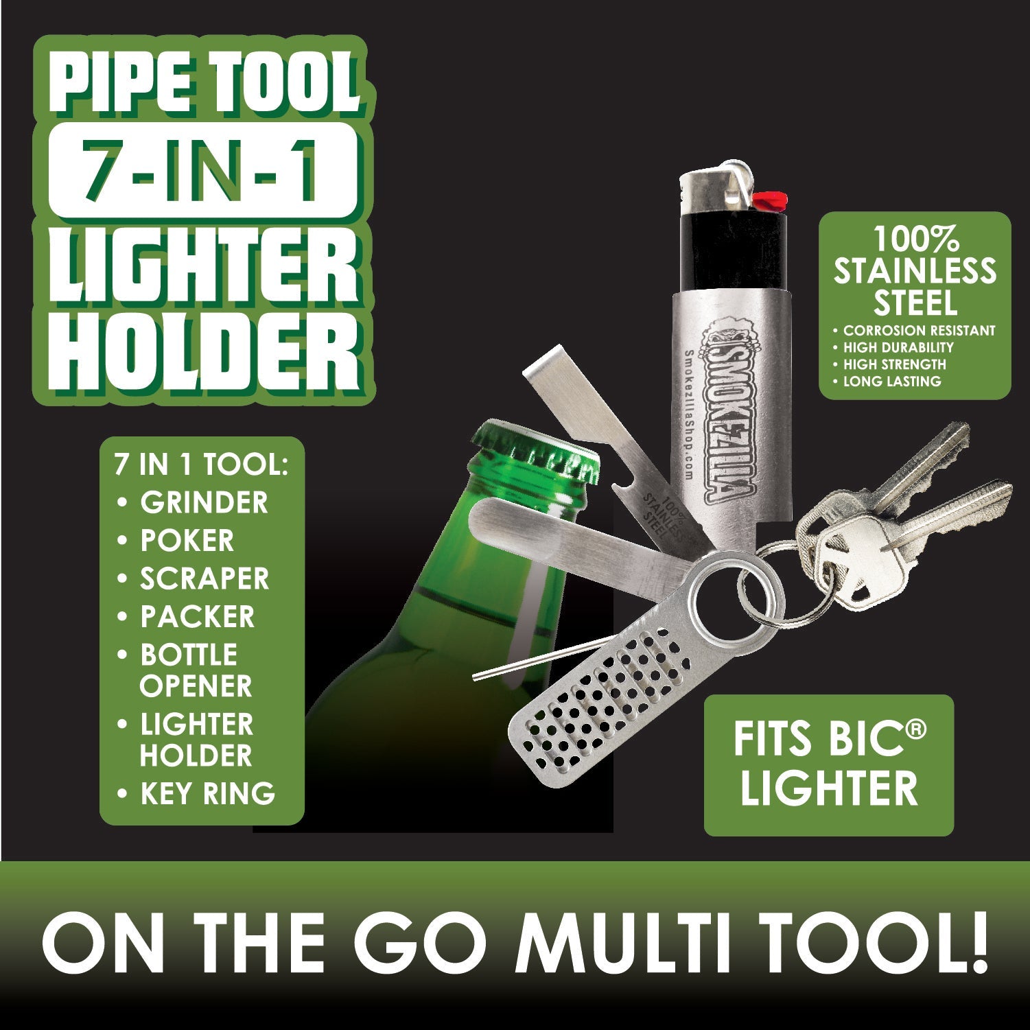 Lighter Case Stainless Steel Multi-Tool Bottle  Opener/Scraper/Grinder/Packer/Picker/File for BIC Lighters