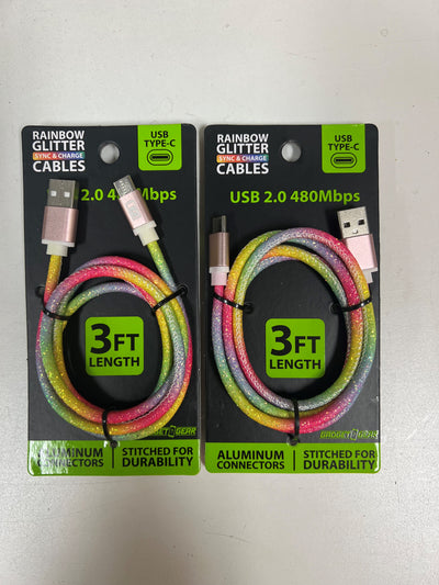 ITEM NUMBER 026492L RAINBOW GLITTER TYPE C CABLE - STORE SURPLUS NO DISPLAY 5 PIECES PER PACK