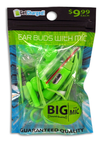 ITEM NUMBER 029408L GG BAG NEON EAR BUDS MIC - STORE SURPLUS NO DISPLAY 3 PIECES PER PACK