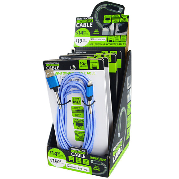 ITEM NUMBER 088294 10FT INDESTRUCTIBLE CHARGE CABLES 6 PIECES PER DISPLAY