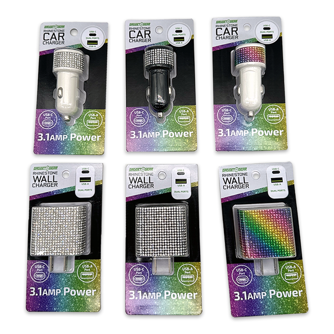 WHOLESALE RHINESTONE AC DC DUAL CHARGER VARIETY 6 PIECES PER DISPLAY 88502