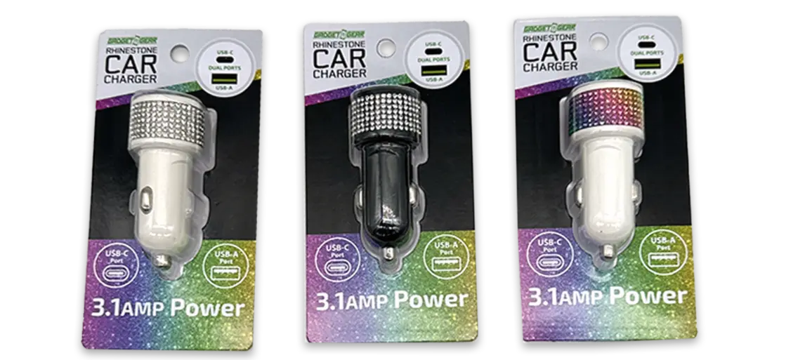 WHOLESALE RHINESTONE DC CAR DUAL CHARGER - STORE SURPLUS NO DISPLAY - 3 PIECES PER PACK 24457L STORE SURPLUS