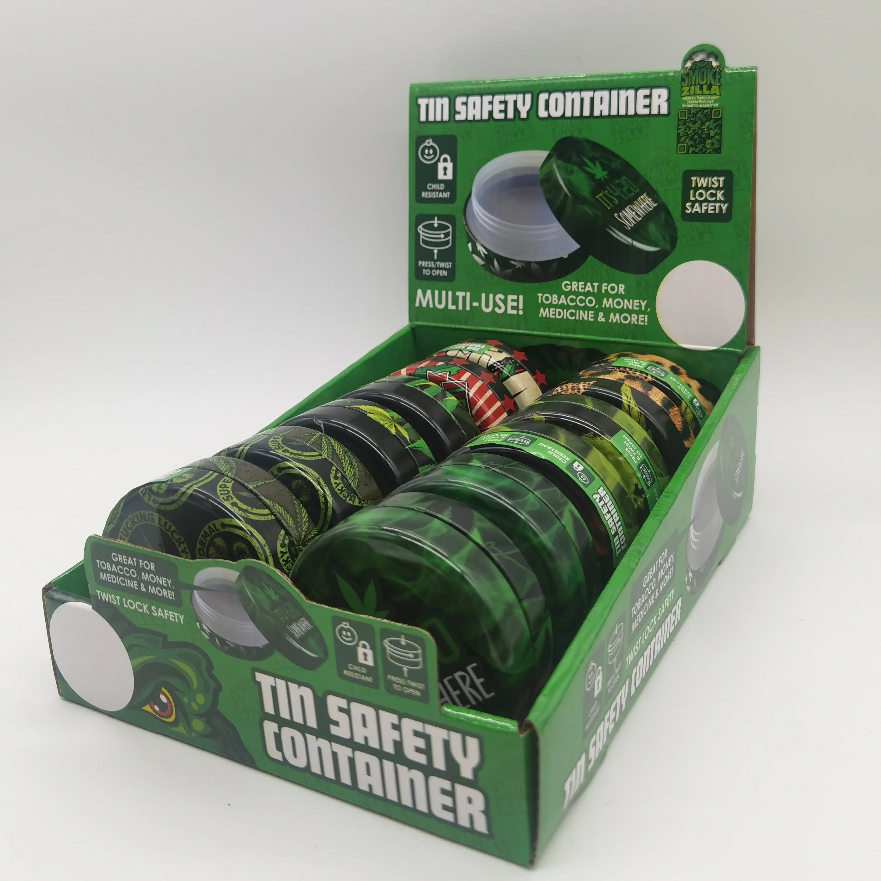 ITEM NUMBER 030032 METAL SAFETY CONTAINER MIX X 12 PIECES PER DISPLAY WHOLESALE