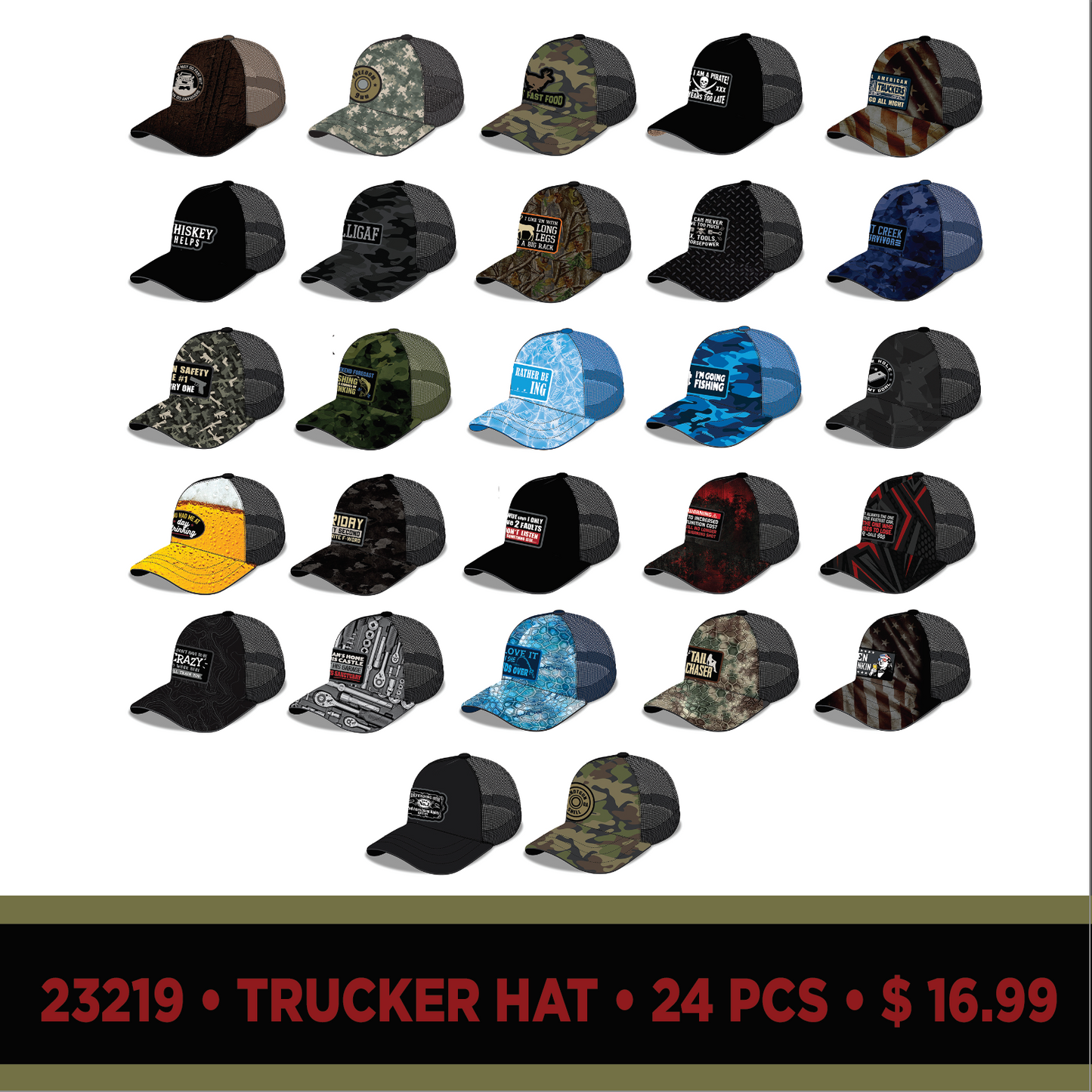 ITEM NUMBER 023219L TRUCKER HAT W PATCH - STORE SURPLUS NO DISPLAY 24 PIECES PER PACK